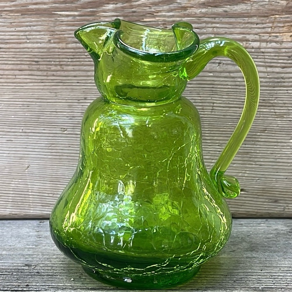 Vintage Green Crackle Glass Pitcher Art Glass - Picture 5 of 8